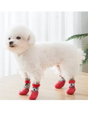 Pet Socks Boots Weatherproof 4 Dog Cat Velcro Non Slip Cute sz Small Red Gray